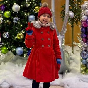 Cat & Jack Red Pea Coat with Gray Faux Fur Collar